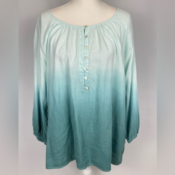 J. Jill Pure Jill Dip Dyed Peasant Style Blouse Linen Blend Ombré Teal 2X Beachy - Picture 2 of 8